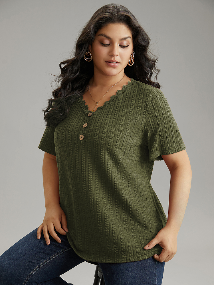 

Plus Size Lace Trim Plisse Button Detail T-shirt ArmyGreen Women Casual Texture Plain V-neck Everyday T-shirts BloomChic