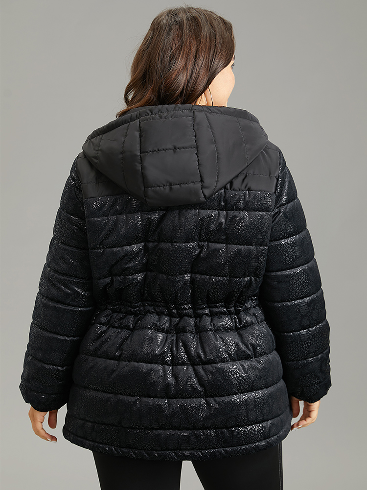 Plus Size Patchwork Drawstring Button Up Glitter Padded Jacket Women Black Lined Pocket Dailywear Jackets BloomChic 18-20/2X 