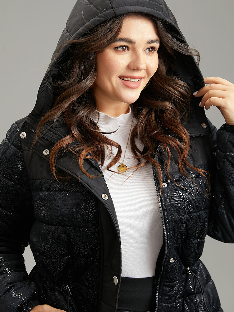 Plus Size Patchwork Drawstring Button Up Glitter Padded Jacket Women Black Lined Pocket Dailywear Jackets BloomChic 18-20/2X 