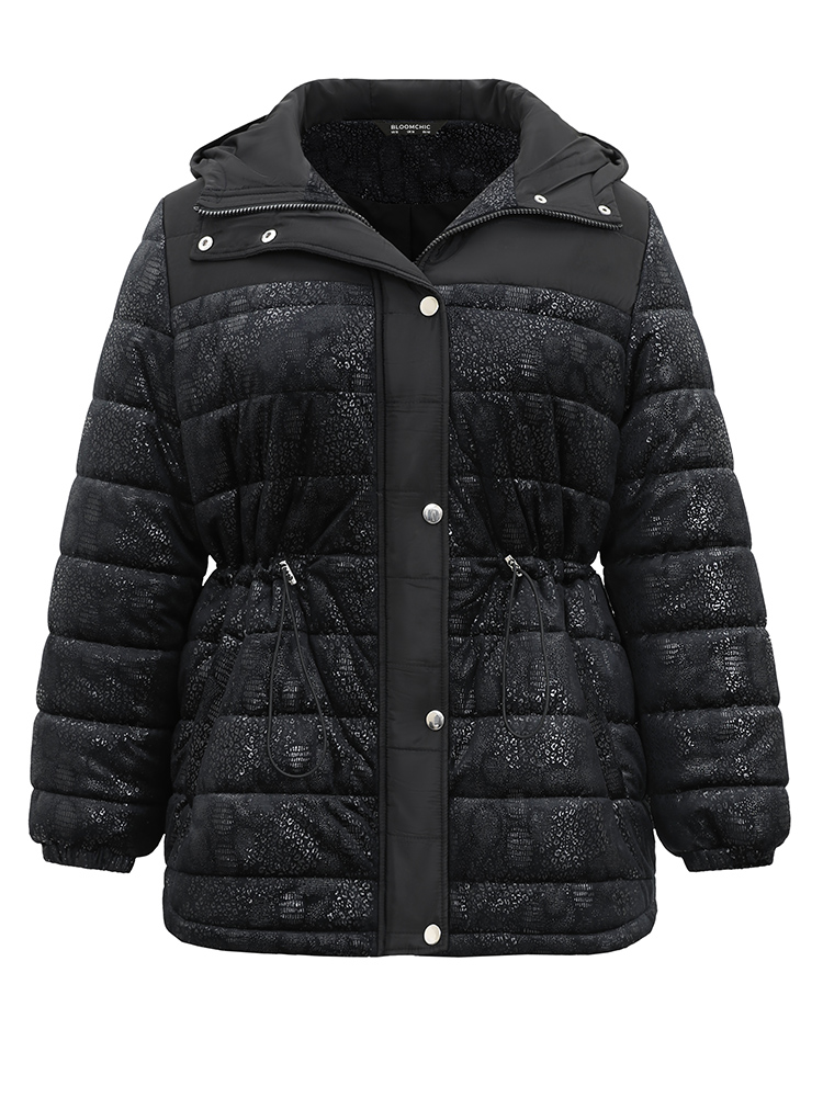 Plus Size Patchwork Drawstring Button Up Glitter Padded Jacket Women Black Lined Pocket Dailywear Jackets BloomChic 18-20/2X 
