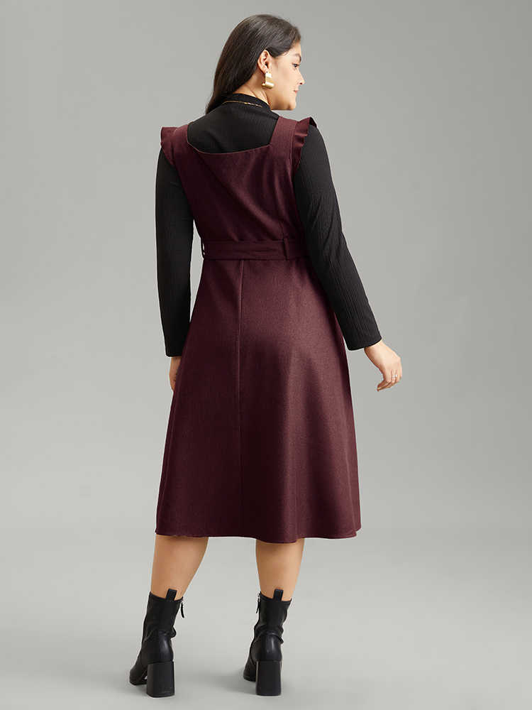 

Plus Size Solid Belted Ruffle Trim Button Through Sleeveless Dress Burgundy Women Office Plain Square Neck Sleeveless Curvy Midi Dress BloomChic