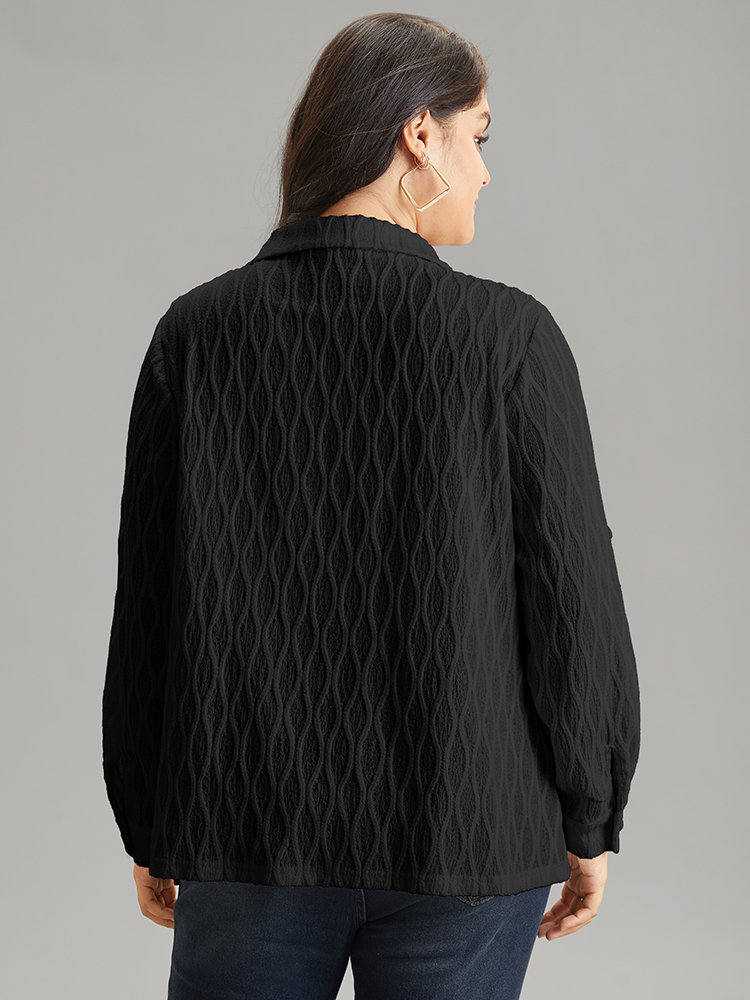 Plus Size Black Plain Shirt Collar Tab Sleeve Jacquard Blouse Women Casual Long Sleeve Shirt collar Work Blouses BloomChic 30/6X 