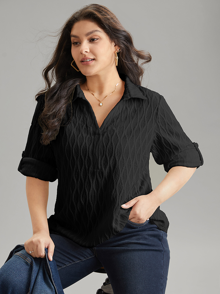 Plus Size Black Plain Shirt Collar Tab Sleeve Jacquard Blouse Women Casual Long Sleeve Shirt collar Work Blouses BloomChic 30/6X 