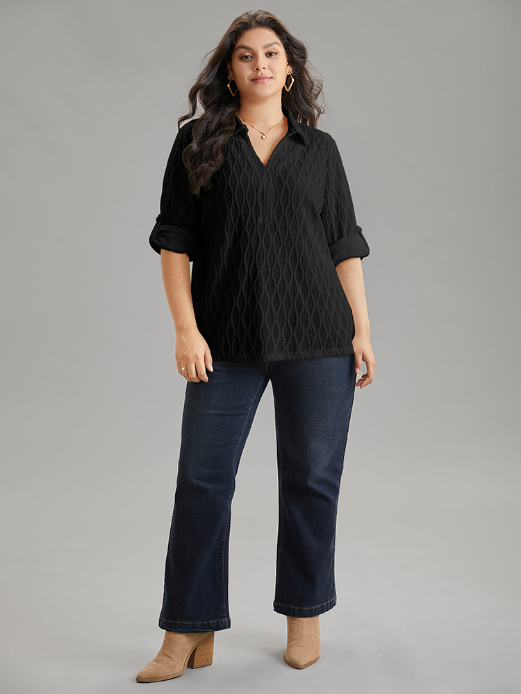 

Plus Size Black Plain Shirt Collar Tab Sleeve Jacquard Blouse Women Casual Long Sleeve Shirt collar Work Blouses BloomChic