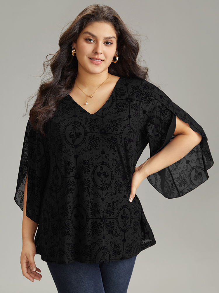 

Plus Size Black Silhouette Floral Print V Neck Petal Sleeve Blouse Women Elegant Elbow-length sleeve V-neck Dailywear Blouses BloomChic