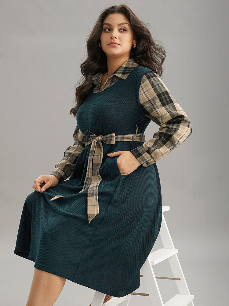 

Plus Size Plaid Patchwork Rib Knit Shirt Collar Belted Dress DarkGreen Women Office Printed Shirt collar Long Sleeve Curvy Midi Dress BloomChic