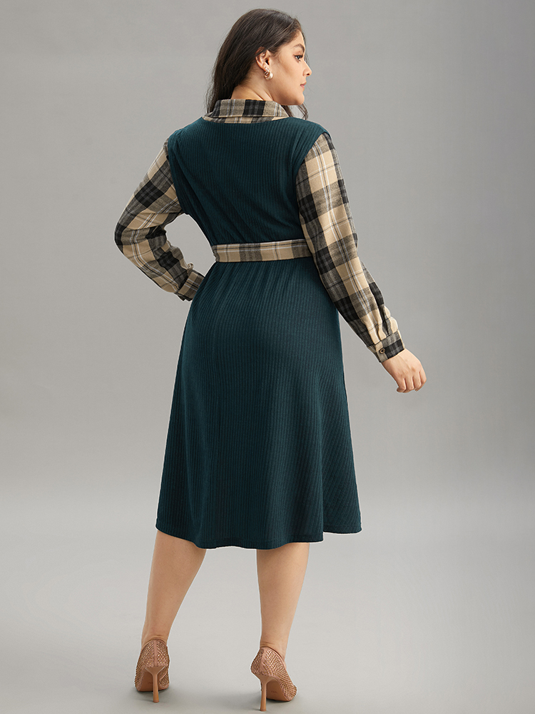 Plus Size Plaid Patchwork Rib Knit Shirt Collar Belted Dress DarkGreen Women Office Printed Shirt collar Long Sleeve Curvy Midi Dress BloomChic 14-16/1X 