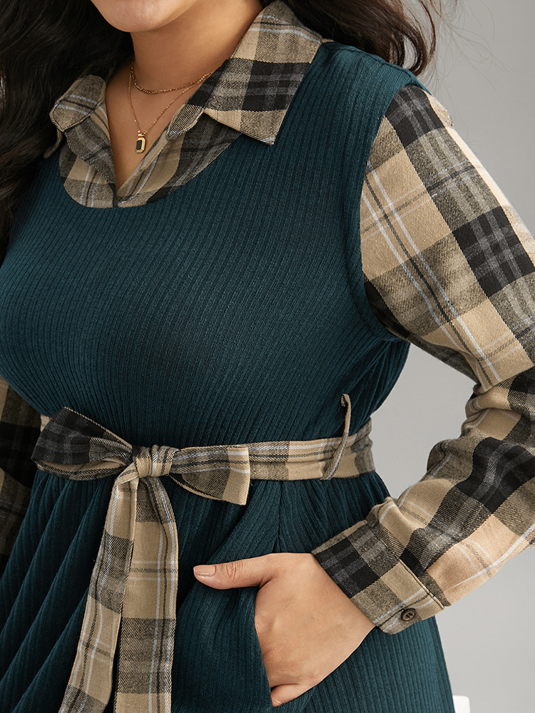 

Plus Size Plaid Patchwork Rib Knit Shirt Collar Belted Dress DarkGreen Women Printed Shirt collar Long Sleeve Curvy Midi Dress BloomChic