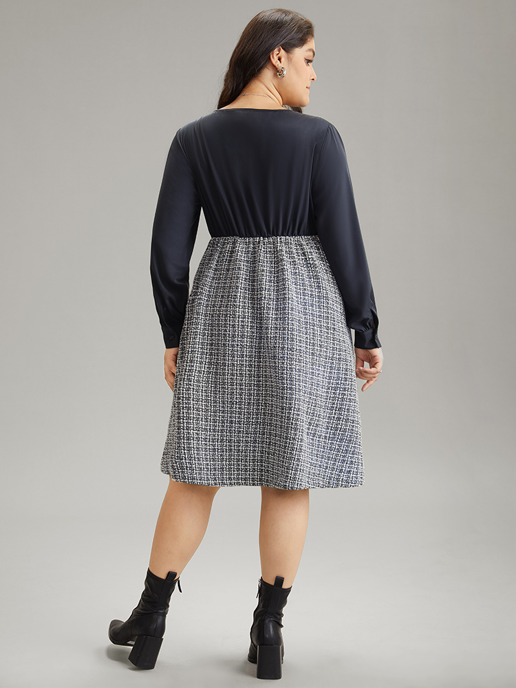 Plus Size Gingham Coarse Tweed Pocket Overlap Collar Dress DarkBlue Women Elegant Texture Overlap Collar Long Sleeve Curvy Midi Dress BloomChic 12/L 