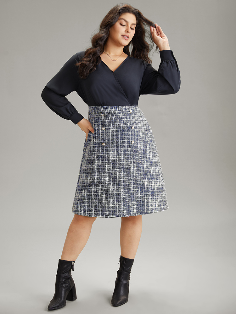 

Plus Size Gingham Coarse Tweed Pocket Overlap Collar Dress DarkBlue Women Elegant Texture Overlap Collar Long Sleeve Curvy Midi Dress BloomChic