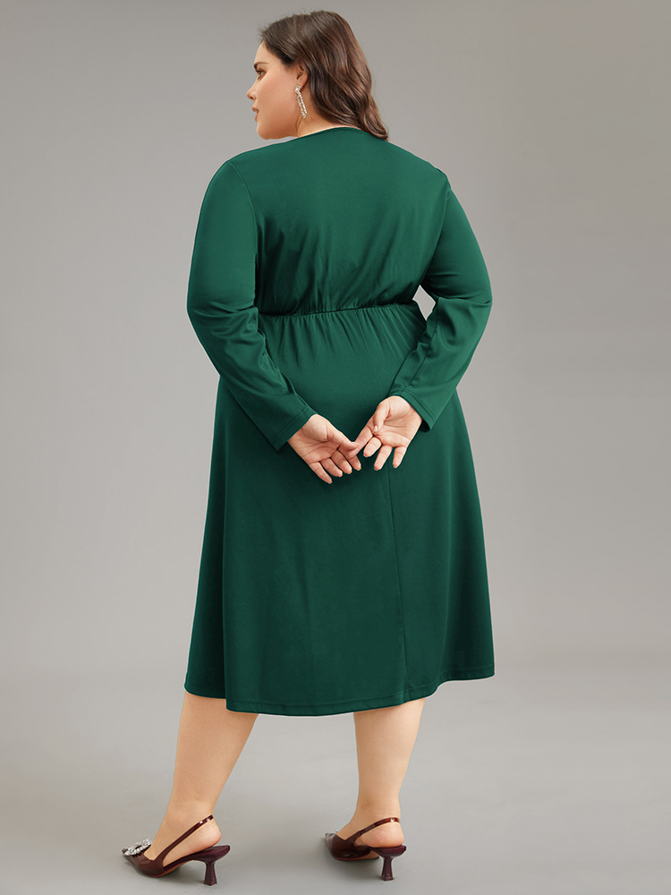 Plus Size Plain Sequin Patchwork Elastic Waist Dress DarkGreen Women Glamour Sequin Square Neck Long Sleeve Curvy Midi Dress BloomChic 10/M 