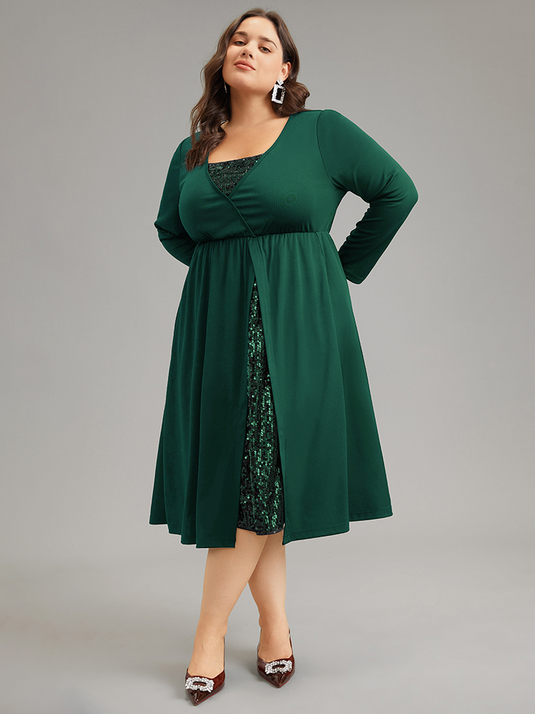 

Plus Size Plain Sequin Patchwork Elastic Waist Dress DarkGreen Women Glamour Sequin Square Neck Long Sleeve Curvy Midi Dress BloomChic