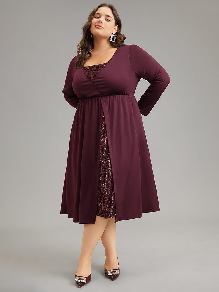 Plus Size Plain Sequin Patchwork Elastic Waist Dress Burgundy Women Glamour Sequin Square Neck Long Sleeve Curvy Midi Dress BloomChic 14-16/1X 