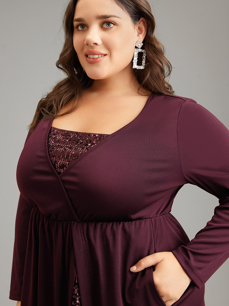 Plus Size Plain Sequin Patchwork Elastic Waist Dress Burgundy Women Glamour Sequin Square Neck Long Sleeve Curvy Midi Dress BloomChic 14-16/1X 