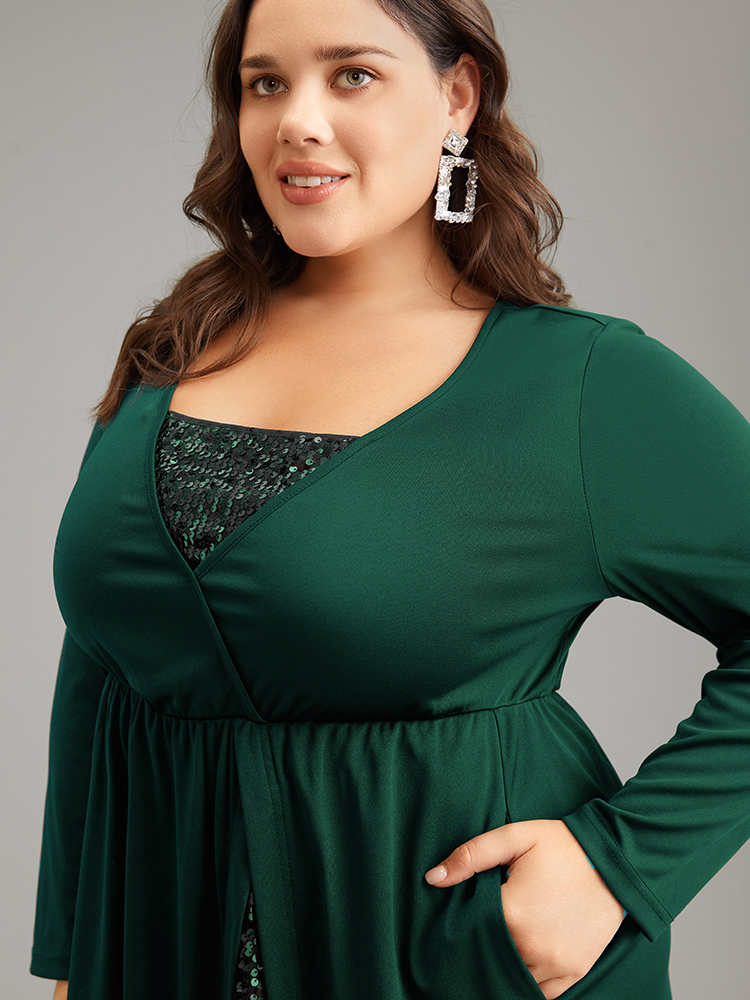 Plus Size Plain Sequin Patchwork Elastic Waist Dress DarkGreen Women Glamour Sequin Square Neck Long Sleeve Curvy Midi Dress BloomChic 10/M 