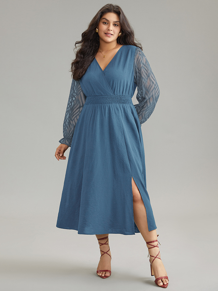 

Plus Size Graphic Mesh Patchwork Pocket Split Side Dress Cerulean Women Elegant Wrap Overlap Collar Long Sleeve Curvy Midi Dress BloomChic