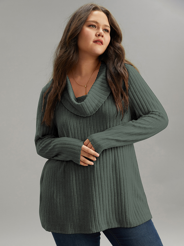 

Plus Size Plain Rib Knit Cowl Neck T-shirt Green Women Elegant Texture Plain Cowl Neck Dailywear T-shirts BloomChic