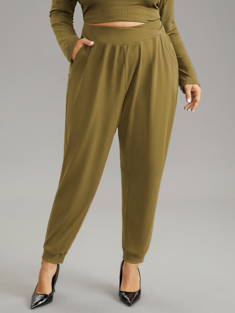 

Plus Size Crossover Plain Texture High Rise Pants Women Olive Casual High Rise Everyday Pants BloomChic