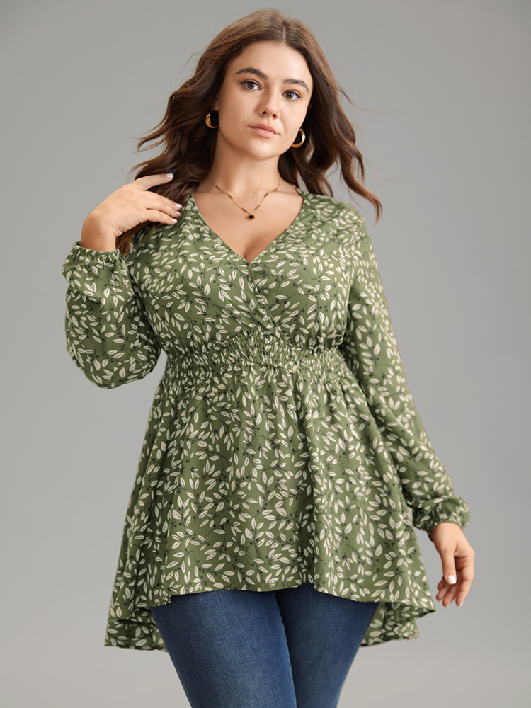 

Plus Size Moss Ditsy Floral Shirred Elastic Waist High Low Hem Blouse Women Elegant Long Sleeve V-neck Everyday Blouses BloomChic