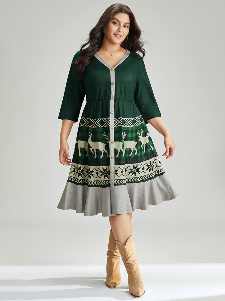 

Plus Size Christmas Elk Elastic Waist Patchwork Button Detail Dress DarkGreen Women Casual Printed V-neck Elbow-length sleeve Curvy Midi Dress BloomChic