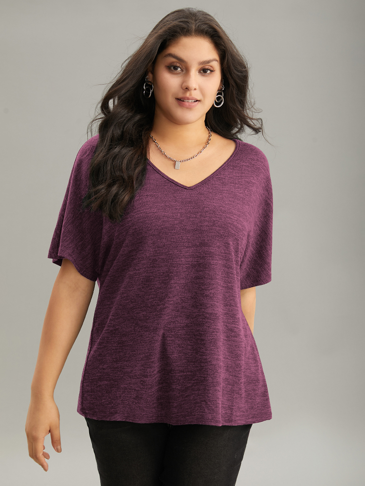 

Plus Size Solid Heather V Neck Dolman Sleeve T-shirt DustyPink Women Casual Plain Plain V-neck Everyday T-shirts BloomChic