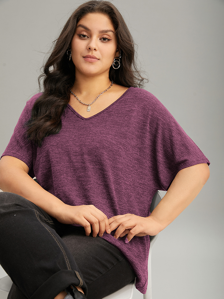 Plus Size Solid Heather V Neck Dolman Sleeve T-shirt DustyPink Women Casual Plain Plain V-neck Everyday T-shirts BloomChic 12/L 