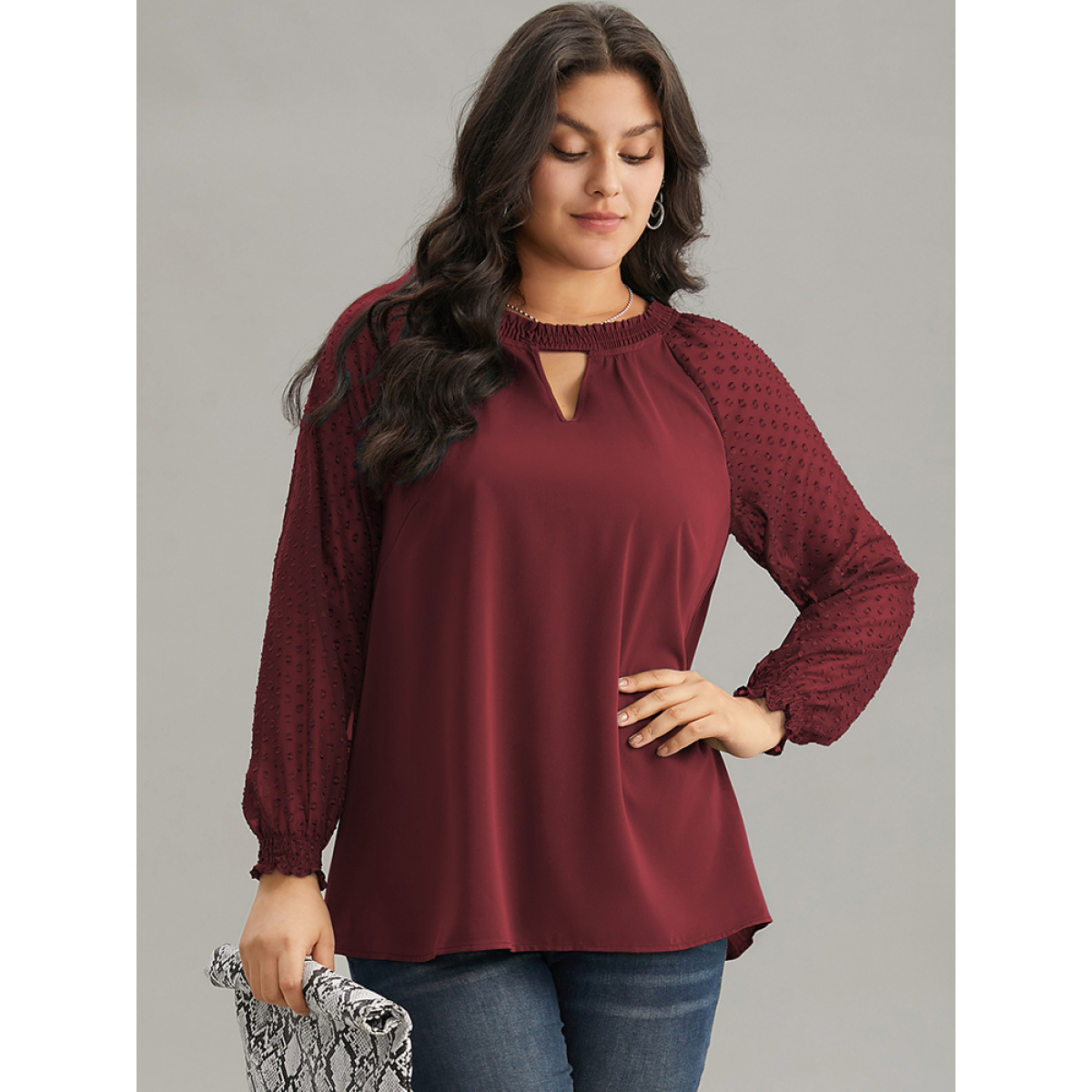 

Plus Size Scarlet Static-Free Solid Shirred Mesh Texture Keyhole Blouse Women Office Long Sleeve Keyhole Cut-Out Dailywear Blouses BloomChic