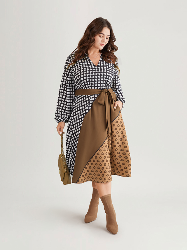 

Plus Size Polka Dot Patchwork Colorblock Belted Notched Dress Multicolor Women Elastic cuffs Notched collar Long Sleeve Curvy Midi Dress BloomChic