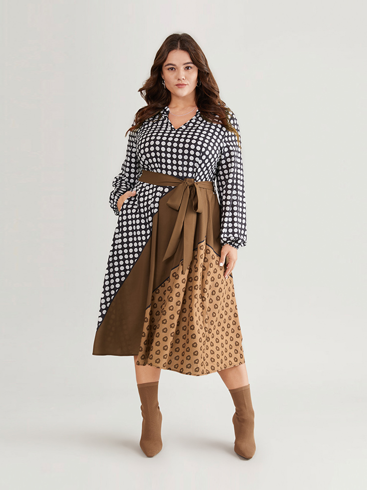 

Plus Size Polka Dot Patchwork Colorblock Belted Notched Dress Multicolor Women At the Office Elastic cuffs Notched collar Long Sleeve Curvy Midi Dress BloomChic
