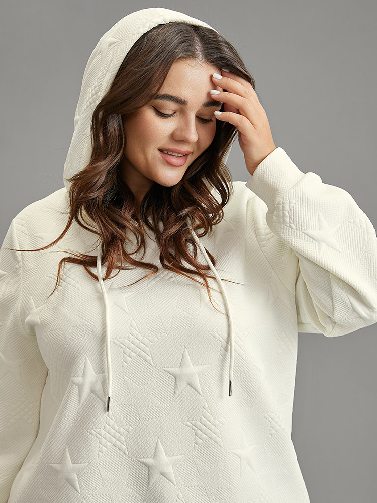 

Plus Size Plain Star Jacquard Hooded Sweatshirt Women White Casual Plain Hooded Dailywear Sweatshirts BloomChic