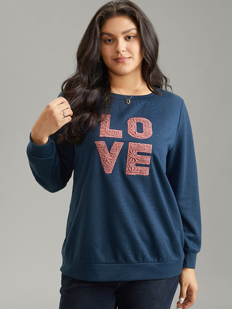 

Plus Size Love Embroidered Patch Crew Neck Sweatshirt Women Indigo Casual Plain Dailywear Sweatshirts BloomChic