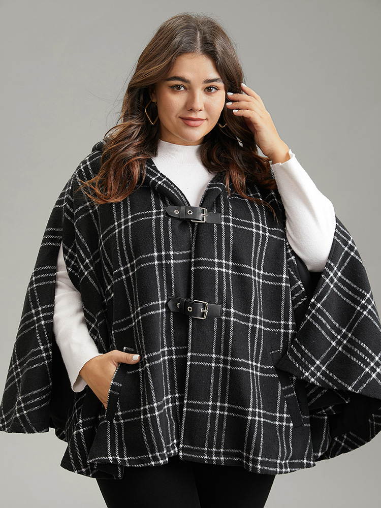 

Plus Size Plaid Buckle Detail Pocket Hooded Cape Coat Women Black Casual Contrast Loose Ladies Dailywear Winter Coats BloomChic