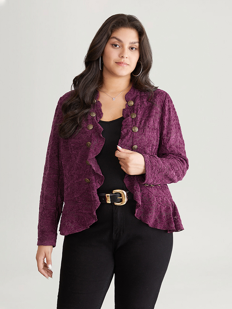 

Plus Size Guipure Lace Ruffle Trim Buckle Detail Jacket Women Purple Plain Dailywear Jackets BloomChic