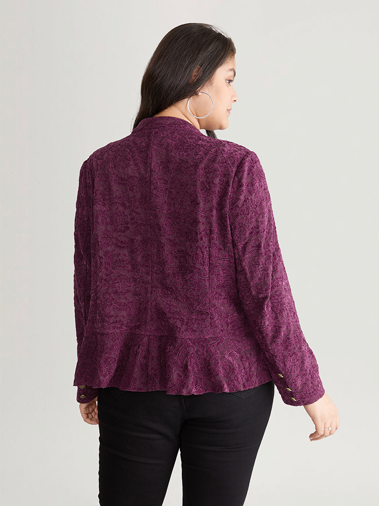 Plus Size Guipure Lace Ruffle Trim Buckle Detail Jacket Women Purple Plain Dailywear Jackets BloomChic 14-16/1X 