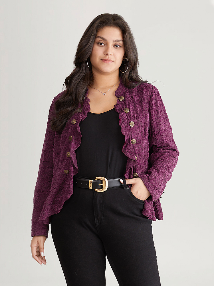 Plus Size Guipure Lace Ruffle Trim Buckle Detail Jacket Women Purple Plain Dailywear Jackets BloomChic 14-16/1X 
