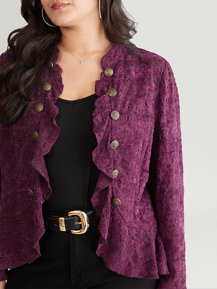 Plus Size Guipure Lace Ruffle Trim Buckle Detail Jacket Women Purple Plain Dailywear Jackets BloomChic 14-16/1X 