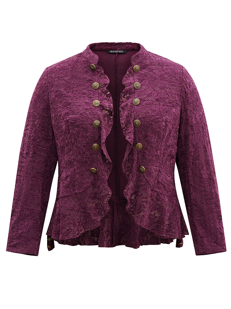 Plus Size Guipure Lace Ruffle Trim Buckle Detail Jacket Women Purple Plain Dailywear Jackets BloomChic 14-16/1X 