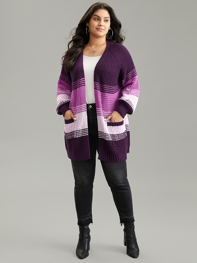 Plus Size Colorblock Contrast Pocket Raglan Sleeve Cardigan Eggplant Women Casual Loose Long Sleeve Dailywear Cardigans BloomChic 18-20/2X 