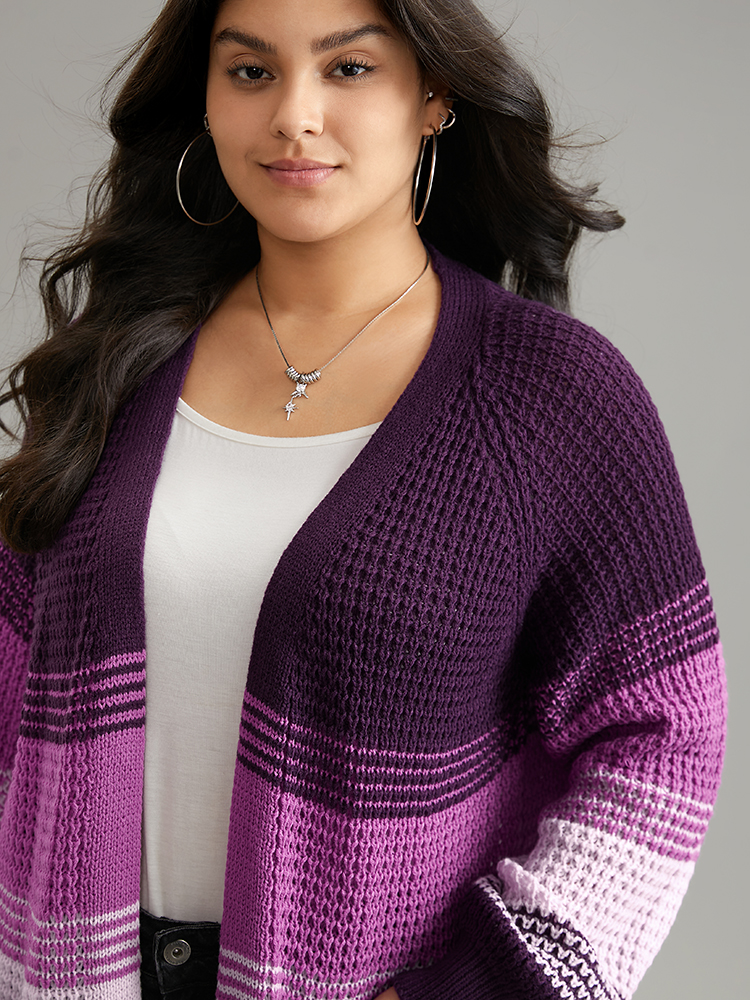 Plus Size Colorblock Contrast Pocket Raglan Sleeve Cardigan Eggplant Women Casual Loose Long Sleeve Dailywear Cardigans BloomChic 18-20/2X 