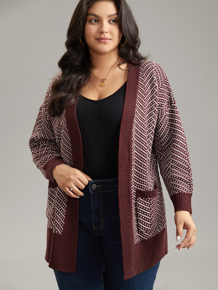 

Plus Size Jacquard Open Front Pocket Loose Cardigan Maroon Women Casual Loose Long Sleeve Dailywear Cardigans BloomChic