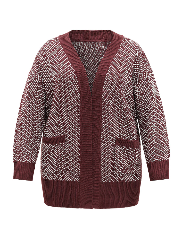 

Plus Size Jacquard Open Front Pocket Loose Cardigan Maroon Women Casual Loose Long Sleeve Dailywear Cardigans BloomChic