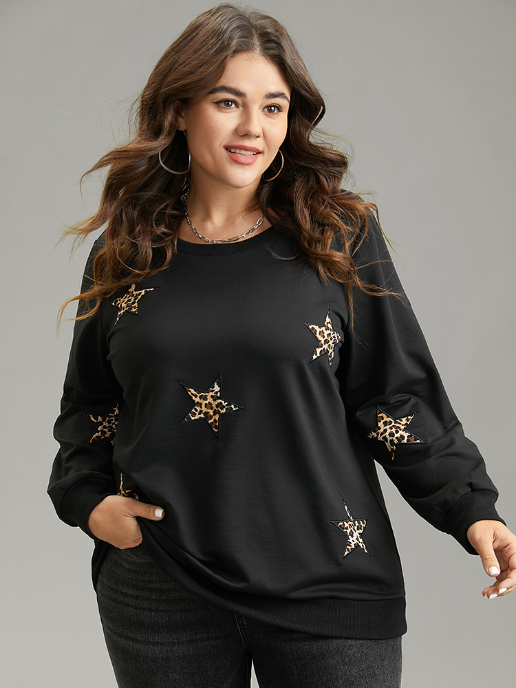 

Plus Size Leopard Star Rib Knit Crew Neck Sweatshirt Women Black Casual Rib Knit Round Neck Dailywear Sweatshirts BloomChic