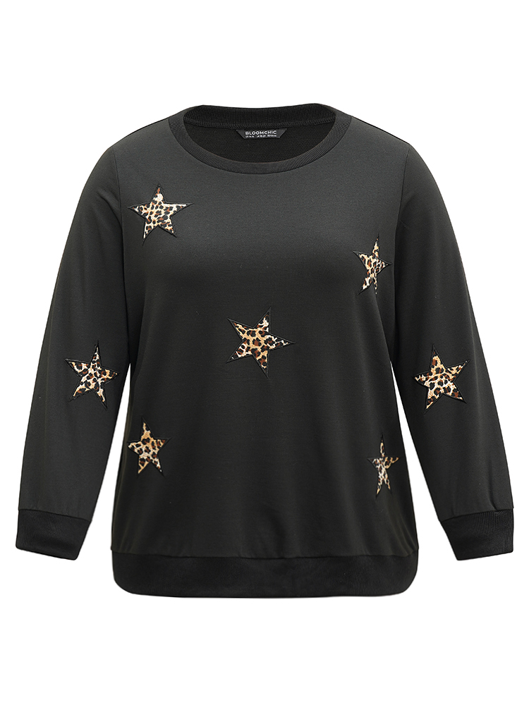 

Plus Size Leopard Star Rib Knit Crew Neck Sweatshirt Women Black Casual Rib Knit Round Neck Dailywear Sweatshirts BloomChic