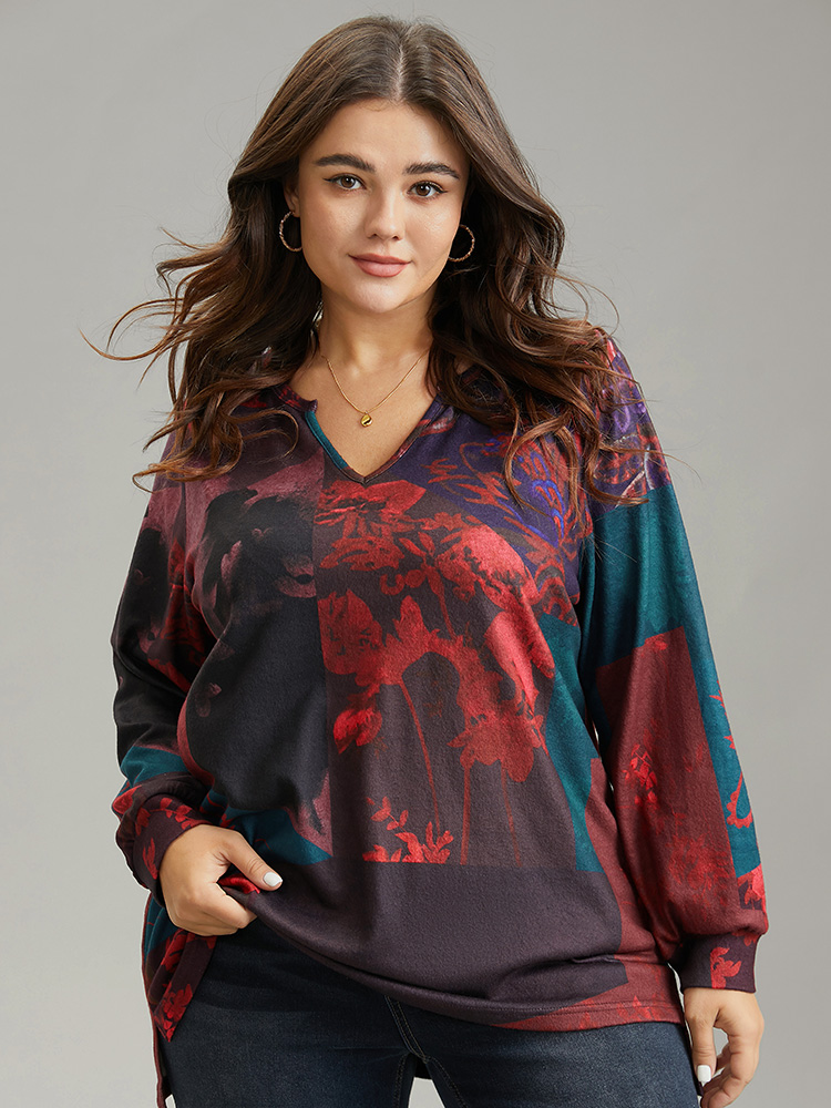 Plus Size Women Dailywear Floral Printed Regular Regular Sleeve Long Sleeve Notched collar Casual Sweatshirts BloomChic 