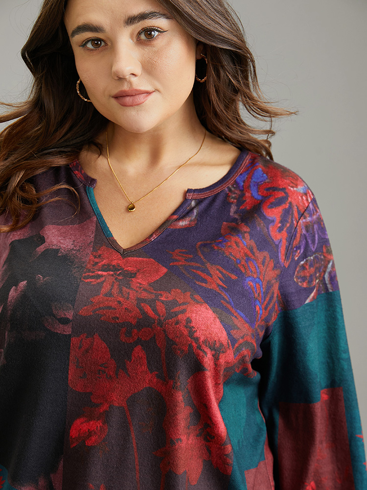 Plus Size Women Dailywear Floral Printed Regular Regular Sleeve Long Sleeve Notched collar Casual Sweatshirts BloomChic 