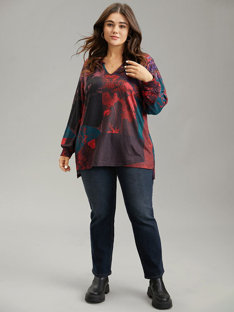 Plus Size Women Dailywear Floral Printed Regular Regular Sleeve Long Sleeve Notched collar Casual Sweatshirts BloomChic 