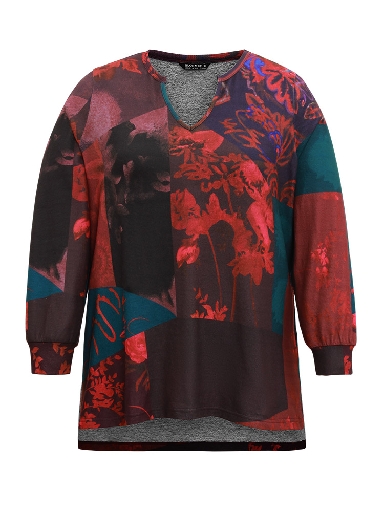 Plus Size Women Dailywear Floral Printed Regular Regular Sleeve Long Sleeve Notched collar Casual Sweatshirts BloomChic 