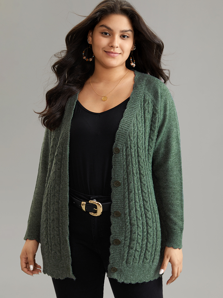Plus Size Cardigans | Solid Cable Knit Scalloped Trim Cardigan | BloomChic 