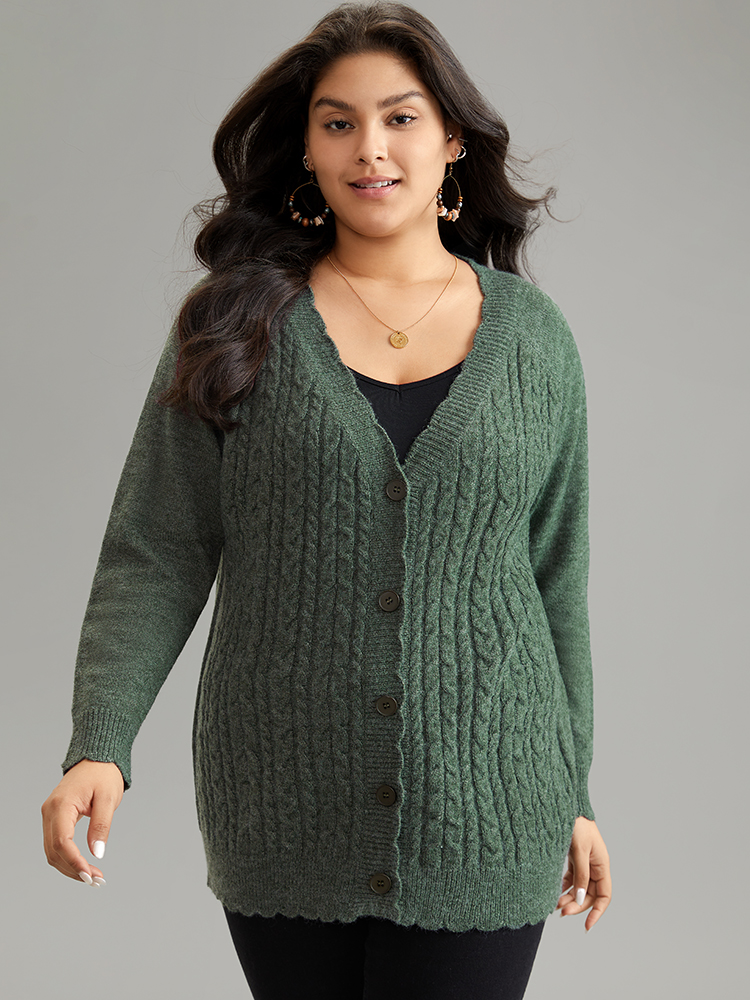 Plus Size Cardigans | Solid Cable Knit Scalloped Trim Cardigan | BloomChic 