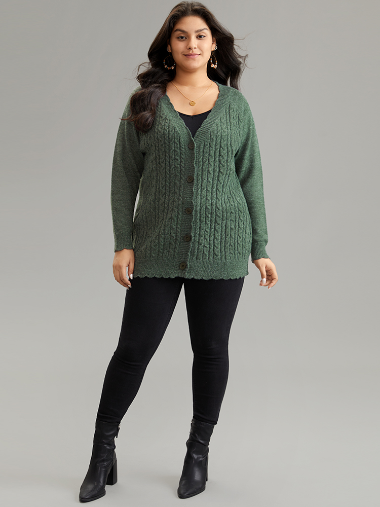 Plus Size Cardigans | Solid Cable Knit Scalloped Trim Cardigan | BloomChic 